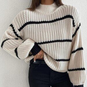Striped Mock Neck Drop Shoulder Sweater (Color : Beige, Size : M)